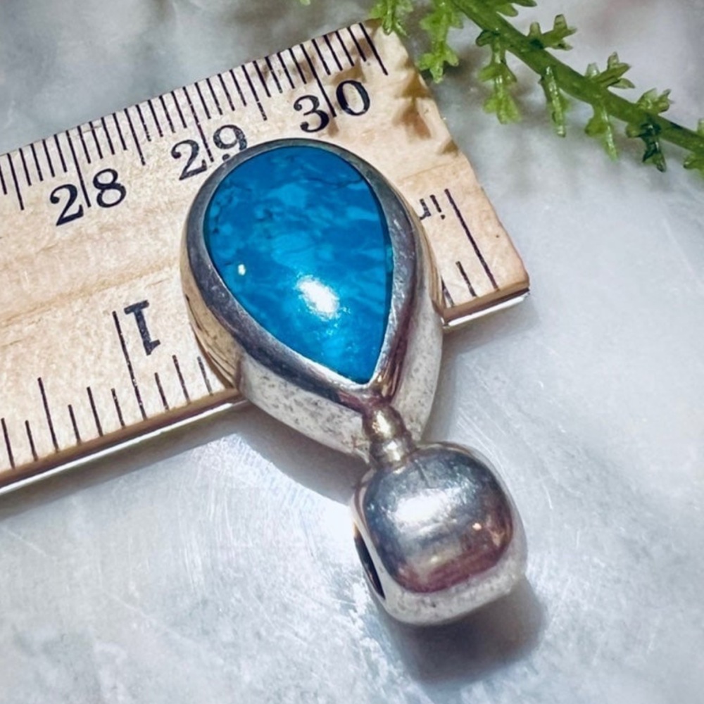Vintage Handmade Turquoise Pendant Solid Heavy 925 Sterling Silver Mexico .925 - Picture 9 of 15